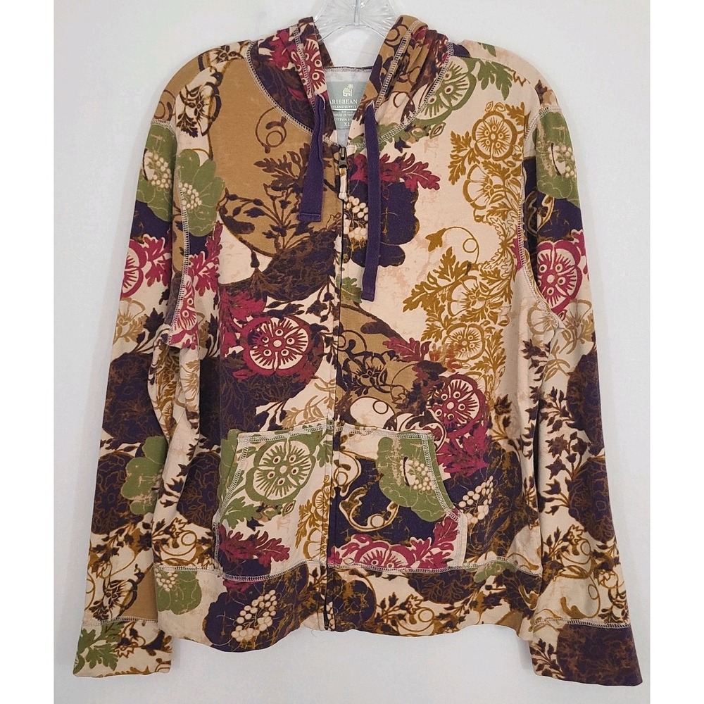 Caribbean Joe Lightweight Hoodie Womens Large Fall Floral Full Zip Hawaii Island